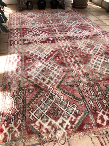 Midcentury Moroccan Berber rug large green red geometric design low wool pile reversible