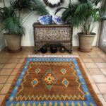 Burnt orange Foxy Colour Square rug blue geometric design Wool Short pile height low pile square 200x200cm