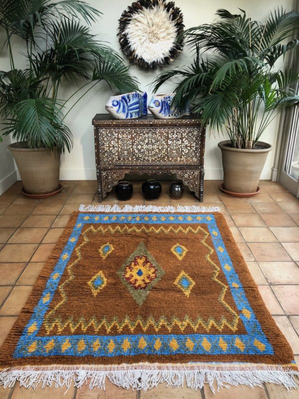 Burnt orange Foxy Colour Square rug blue geometric design Wool Short pile height low pile square 200x200cm