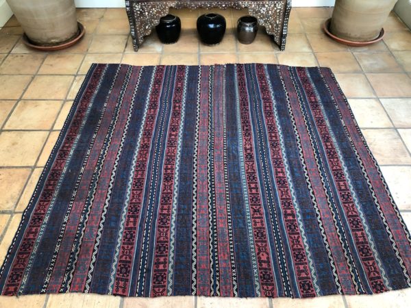 Navy Blue Red Square Jajim Kilim Handmade Handwoven Flat Weave Tribal Fabric 6x6Feet 187x180cm