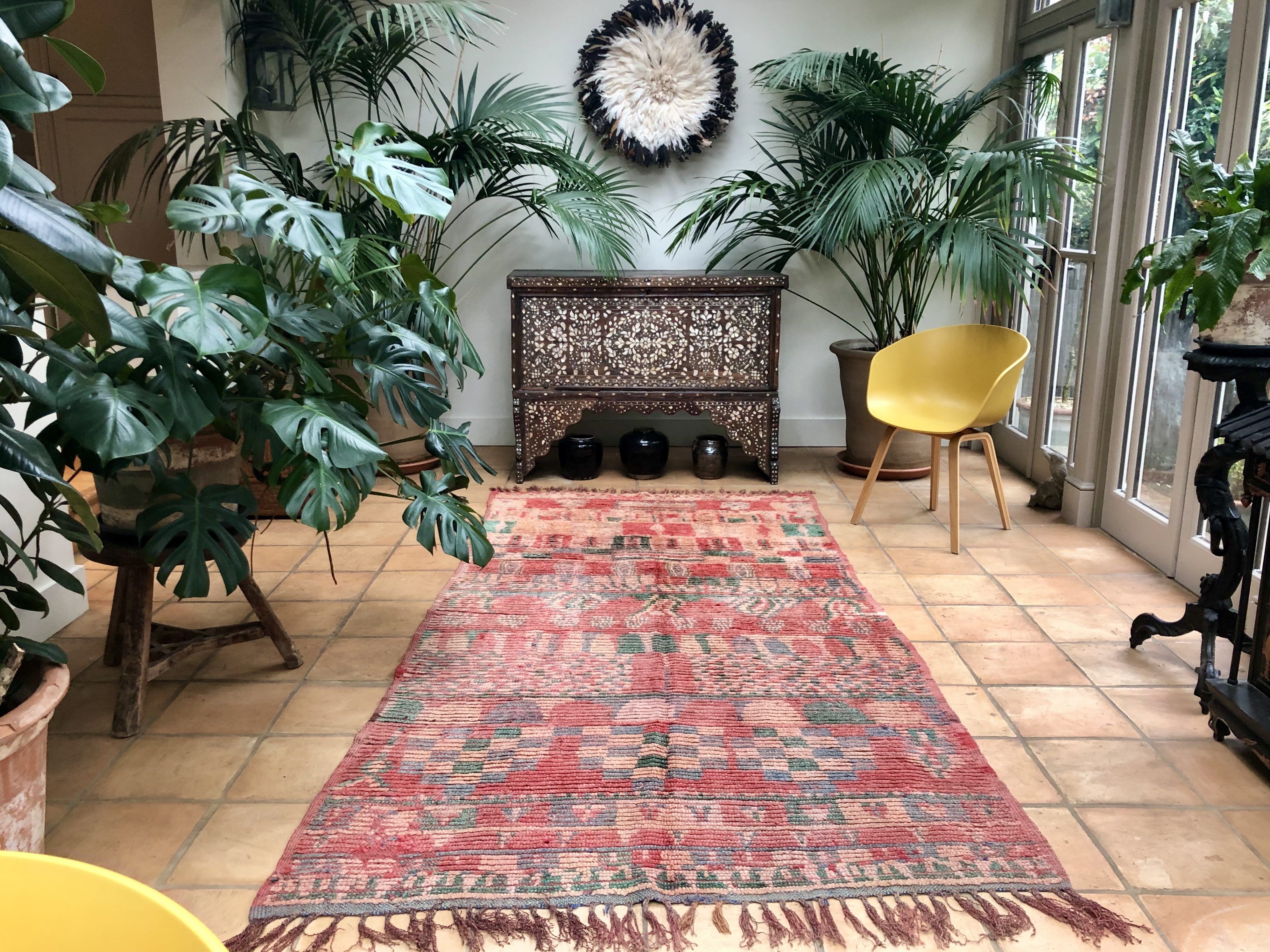 Red Coral And Forrest Green Colourful Handmade Moroccan Rug Vintage Berber Long Carpet Large Size