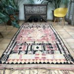 Beautiful Rug in Coral, Pale Yellow and Brown Large Moroccan Berber Rug Handwoven with Super Short Pile in large Size of 150x340cm