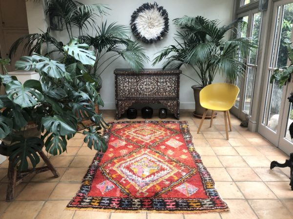 Turkish Rug In Orange Red With Geometric Design Bright Playful Colours Handwoven Rug Short Soft Pile Wool Colourful Red Rug Medium Size