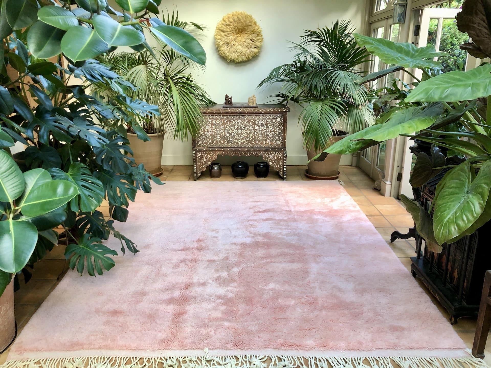 pink handwoven wool rug moroccan pink