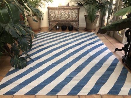 Blue Striped Diagonal Contemporary Kilim Rug 225x313cm