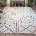 Vintage Turkish kilim rug handwoven wool white colourful accents