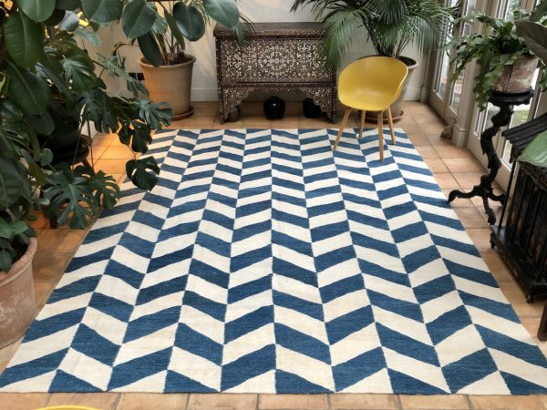 teal blue herringbone large area rug kilim handwoven 250x350cm