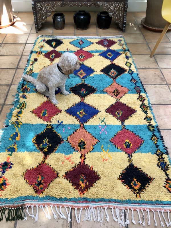 Yellow Teal Moroccan Boucherouite Rag Rug Runner 122x245cm