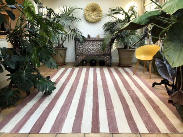 Dusty pink vertical striped handwoven kilim rug large area