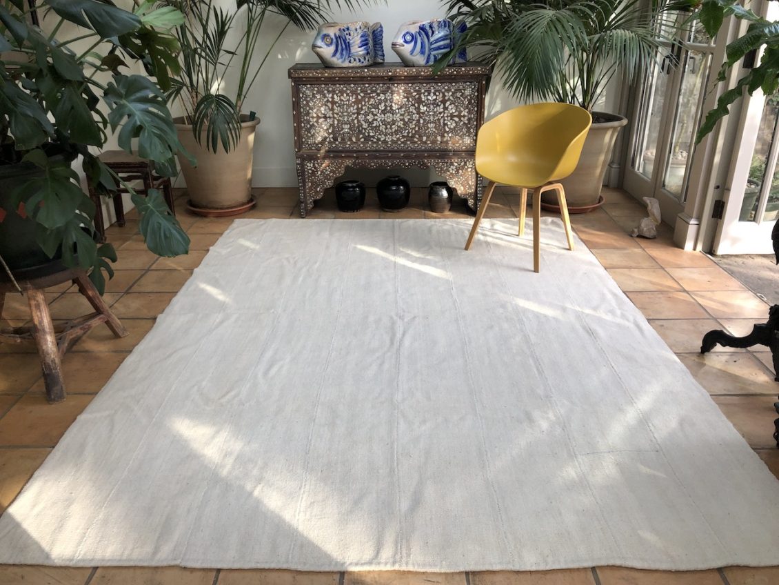 White Turkish Kilim Rug Plain Flatweave Large Area