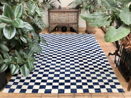 Navy blue checkerboard short pile low pile rug handwoven made-to-measure large area rug