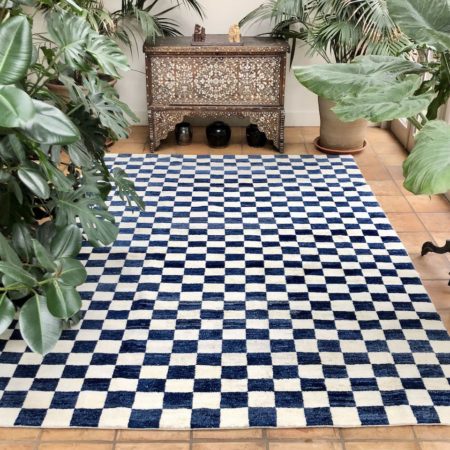 Navy blue checkerboard short pile low pile rug handwoven made-to-measure large area rug