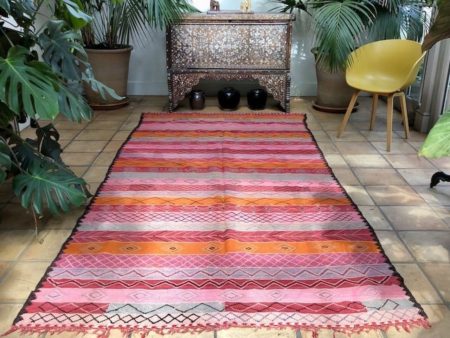 Moroccan handwoven Kilim rug striped design pink red orange large handmade flatweave rug