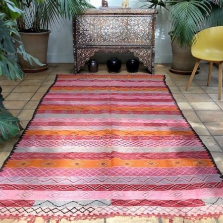 Moroccan handwoven Kilim rug striped design pink red orange large handmade flatweave rug