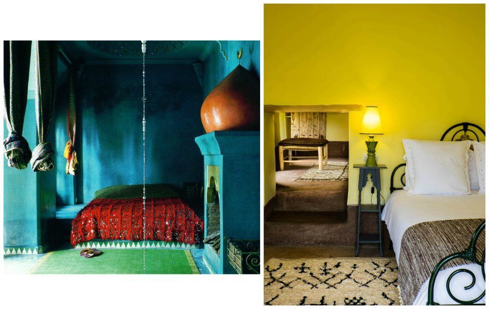 Left: A bedroom found on Pinterest, where greens and blues are given a jolt by the red blanket. Right: A bedroom at Beldi Country Club in eye-popping yellow, tempered by the addition of neutral textiles