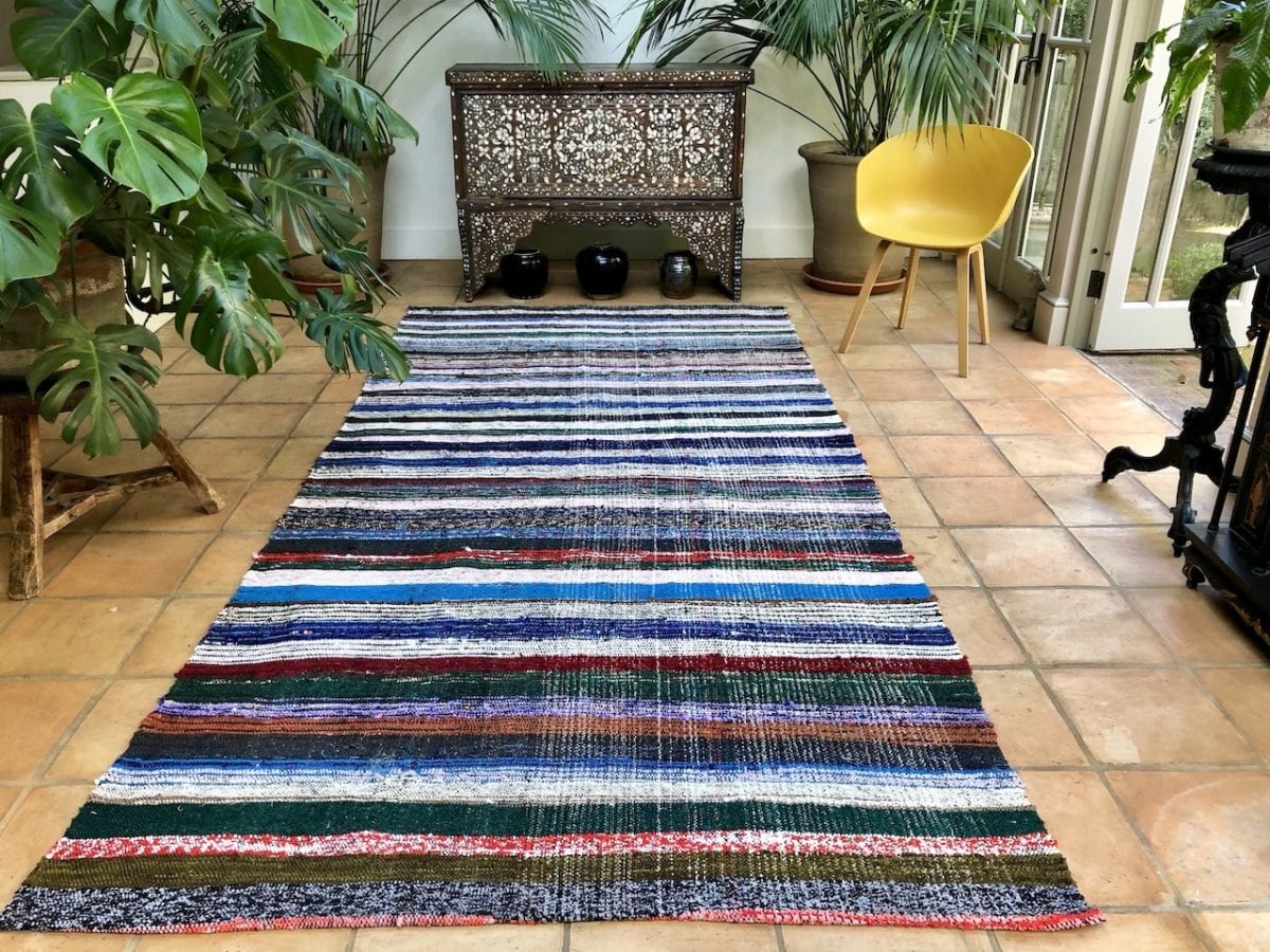 Turkish Kilim Blue Striped Vintage Kilim Rug Wide Long Runner