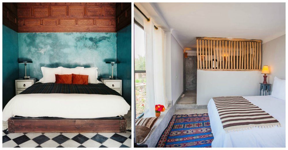 Left: a bedoom with jewel tones and statement tile floor in El Fenn. Right: Beldi Country Club - as above, it's the textiles that make this room