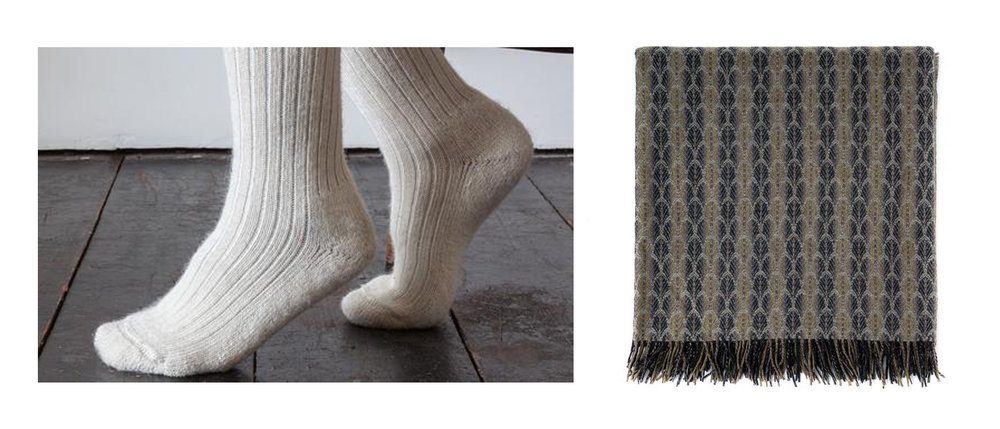 Left: Cream Alpaca Socks, £16, Freight . Right: Merino Lambswool Flint Throw, £215, The Future Kept