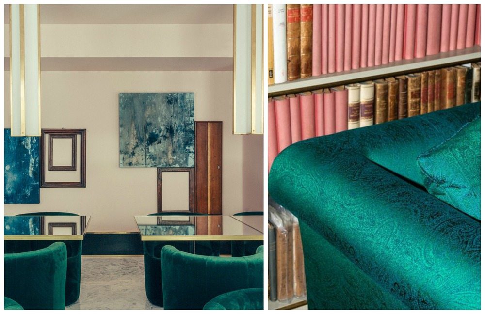 Images left, Le Saint Marc hotel by Dimore Studio, Right Dedar's Paisley fabric, PÀISLIG. 