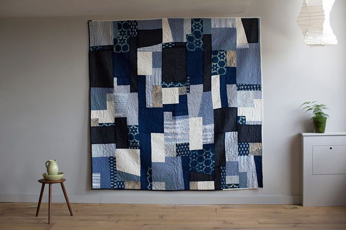 Quilt Two combines a mixture of new Indian Khadi cotton and Indian block prints, as well as Antique Japanese silk, Vintage African cotton and wool and English block print