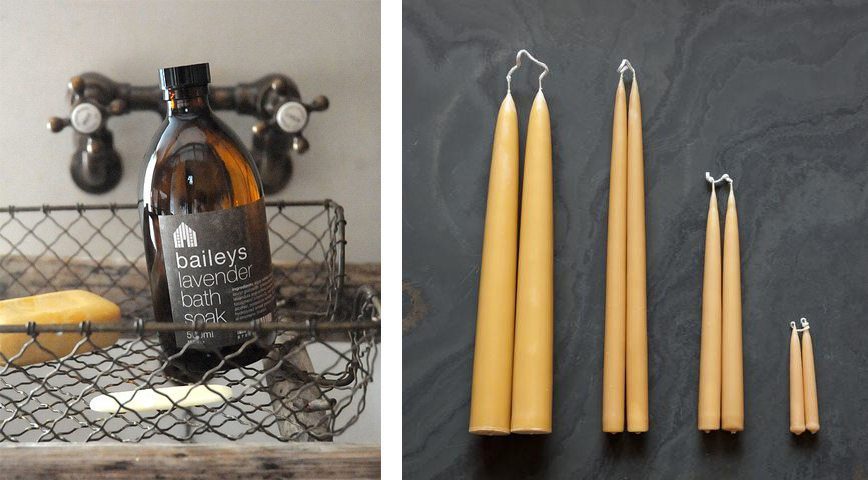 Left: Baileys Lavender Bath Soak, £16, Baileys Home . Right: Beeswax Candles, £5, Freight